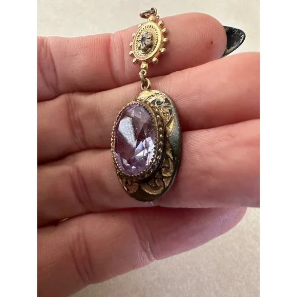 Antique Victorian gold filled Etruscan revival purple paste pendant necklace - Picture 6 of 10